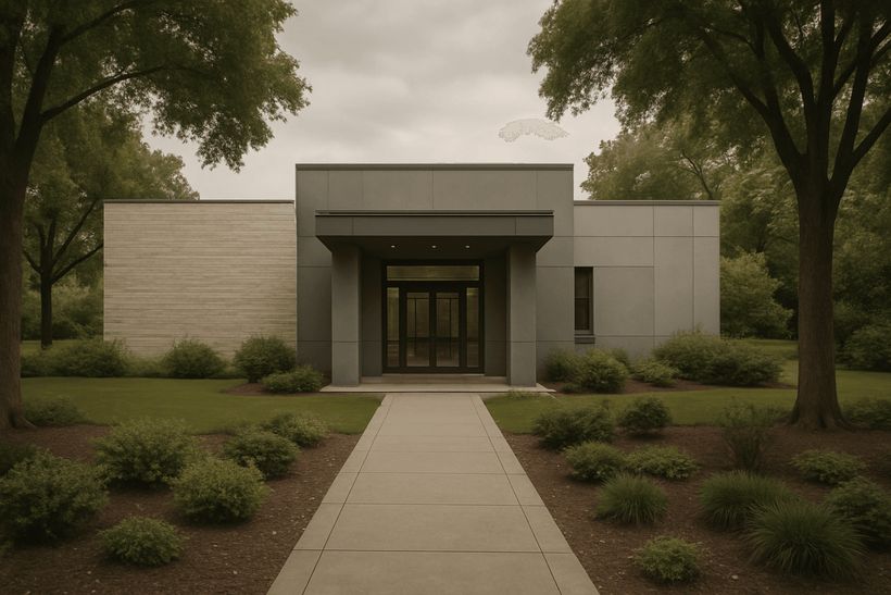 Modernes Krematorium mit klarer Architektur, umgeben von Garten und Bäumen unter bewölktem Himmel.