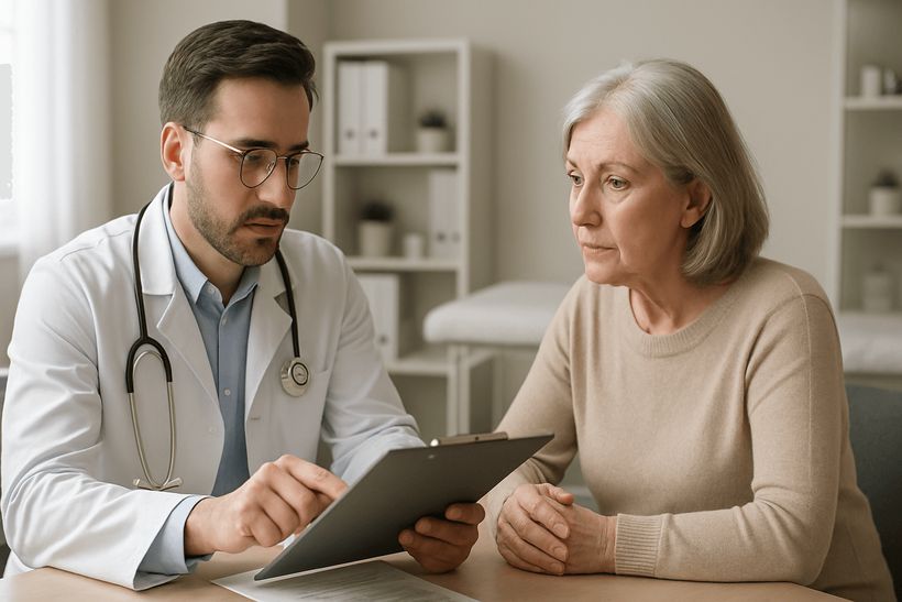 Arzt und ältere Patientin besprechen medizinische Unterlagen in moderner, hell beleuchteter Praxis.