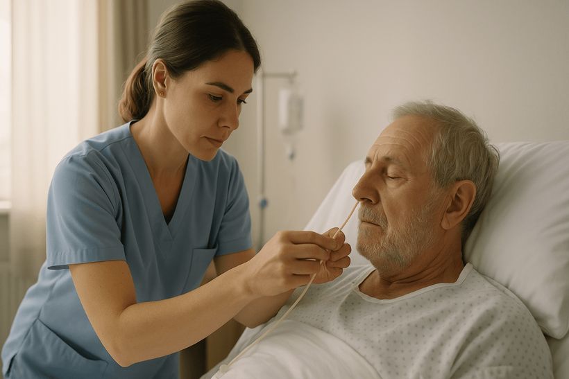 Pflegekraft richtet behutsam eine Magensonde bei einem älteren Patienten in einem hellen, ruhigen Krankenhauszimmer.
