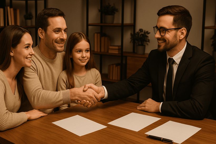 Familie und Anwalt geben sich in modernem Büro die Hand, mit Dokumenten auf Holztisch und Büchern im Hintergrund.