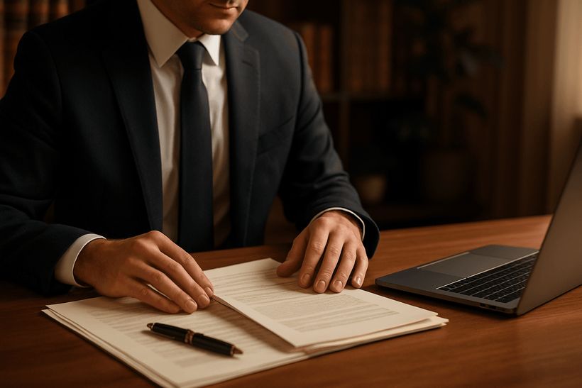 Mann im Anzug prüft Dokumente an einem Schreibtisch mit Laptop, warmem Licht und unscharfem Bücherregal im Hintergrund.