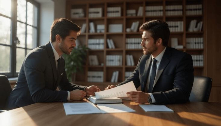 Zwei Männer in Anzügen besprechen Dokumente in einem Büro mit Bücherregalen und natürlichem Lichteinfall.