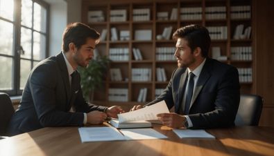 Zwei Männer in Anzügen besprechen Dokumente in einem Büro mit Bücherregalen und natürlichem Lichteinfall.