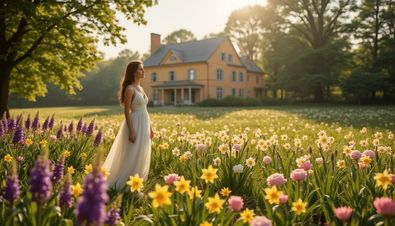 Frau im weißen Kleid inmitten blühender Wiese mit Narzissen, Lavendel und rosa Blumen vor einem gelben Landhaus im warmen Sonnenlicht.