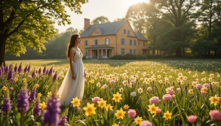 Frau im weißen Kleid inmitten blühender Wiese mit Narzissen, Lavendel und rosa Blumen vor einem gelben Landhaus im warmen Sonnenlicht.