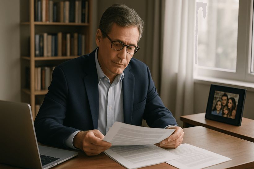 Mittelalterlicher Mann im Homeoffice liest ruhig Dokumente am Schreibtisch mit Laptop, Bücherregal und Familienfoto.