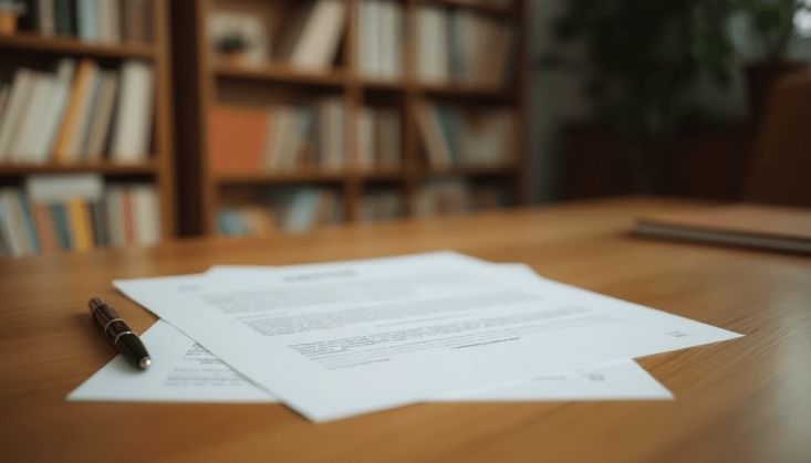 Dokumente zu rechtlichen Angelegenheiten mit Kugelschreiber auf Holztisch vor unscharfem Bücherregal im Hintergrund.