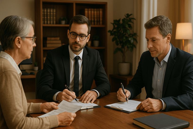 Drei Personen in Geschäftskleidung besprechen Dokumente in einem modernen Büro mit warmem Licht und Bücherregal
