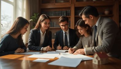 Gruppe von Personen in formeller Kleidung, die Dokumente auf einem Tisch besprechen, mit Bücherregal im Hintergrund.