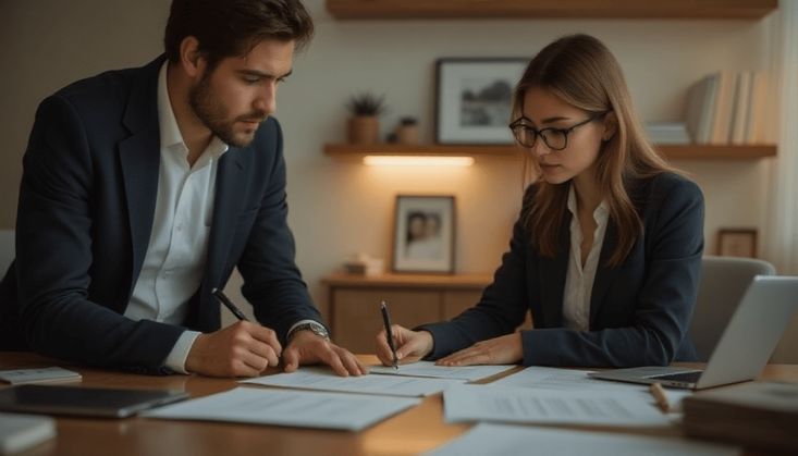 Zwei Personen in Businesskleidung unterzeichnen Dokumente an einem Schreibtisch in einem modernen Büro.
