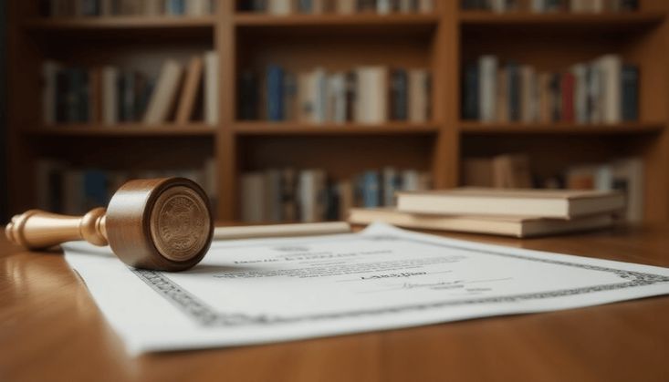 Holzhammer und offizielles Dokument auf einem Schreibtisch vor einem Bücherregal in einer juristischen Umgebung.
