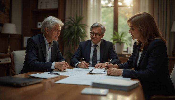 Geschäftstreffen in einem Büro mit drei Personen, die Dokumente prüfen und unterschreiben, umgeben von Pflanzen.