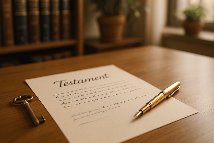 Handschriftliches Testament mit goldenem Füller und antikem Schlüssel auf Holzschreibtisch, sanft beleuchtet.