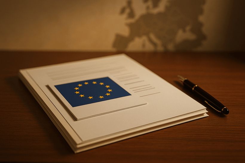 EU-Dokumente mit Flagge auf Holzschreibtisch, daneben ein Stift; im Hintergrund unscharfe Europakarte.
