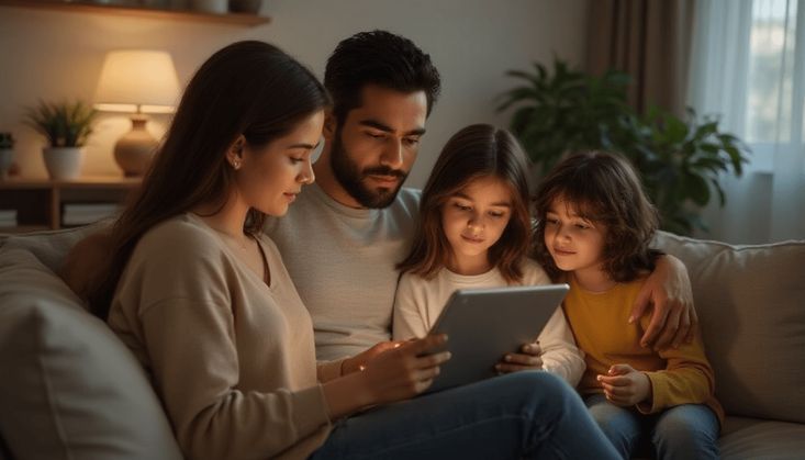 Familie sitzt gemütlich auf dem Sofa und nutzt gemeinsam ein Tablet in einem warm beleuchteten Wohnzimmer.