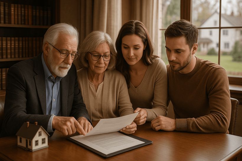 Mehrgenerationenfamilie prüft gemeinsam Dokumente im eleganten Arbeitszimmer mit Modellhaus und warmem Tageslicht.