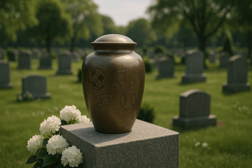 Urne mit Musik- und Sportmotiven auf Sockel, umgeben von weißen Blumen in ruhigem, gepflegtem Friedhof.