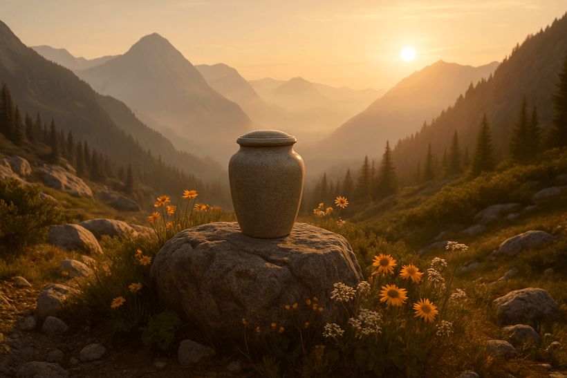 Sonnenaufgang in den Bergen mit Felsen, Wildblumen und Urne auf einem Stein vor nebligen Gipfeln in warmem Licht.