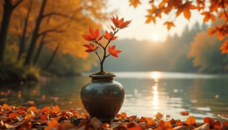 Keramikvase mit roten Herbstblättern vor einem See bei Sonnenuntergang, umgeben von fallendem Laub.