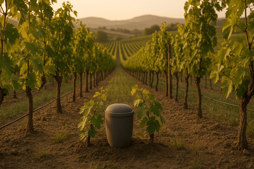 Urne zwischen Reben in einem Weinberg bei goldenem Abendlicht, mit Hügeln im Hintergrund und ruhiger Naturstimmung.