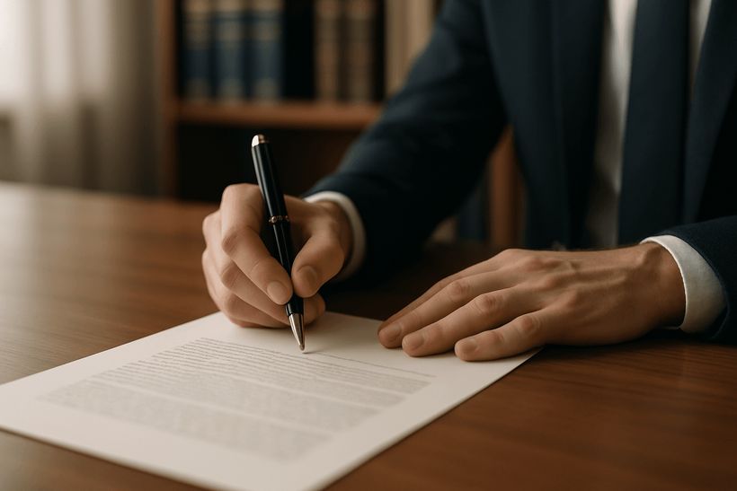 Person unterschreibt ein Dokument mit einem Stift auf Holzschreibtisch, im Hintergrund unscharfe Regale mit Gesetzbüchern.