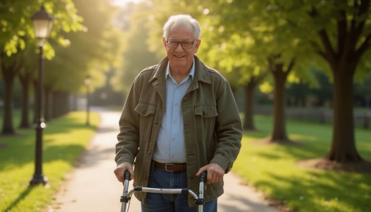 Älterer Mann mit Gehhilfe spaziert auf einem sonnigen Weg, umgeben von grünen Bäumen und Laternen.