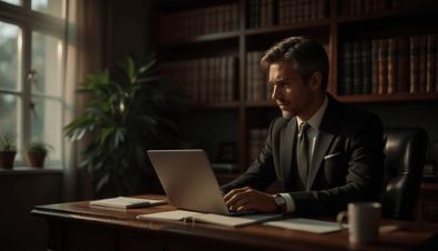 Ein Mann im Anzug arbeitet konzentriert an einem Laptop in einem stilvollen Büro mit Bücherregalen und Pflanzen.