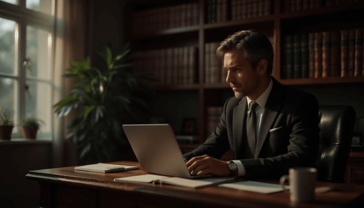 Ein Mann im Anzug arbeitet konzentriert an einem Laptop in einem stilvollen Büro mit Bücherregalen und Pflanzen.