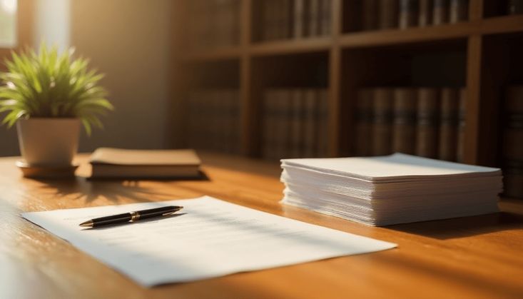 Schreibtisch mit Dokumenten, Stift und Pflanze, im Hintergrund Bücherregale in warmem Licht.