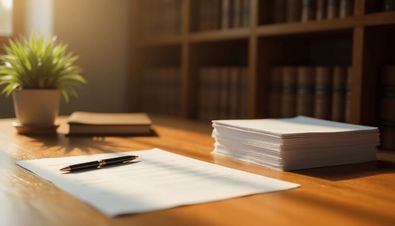 Schreibtisch mit Dokumenten, Stift und Pflanze, im Hintergrund Bücherregale in warmem Licht.