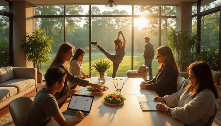 Moderne Besprechung in lichtdurchflutetem Raum, gesunde Snacks auf dem Tisch, Yoga im Hintergrund vor großer Fensterfront.