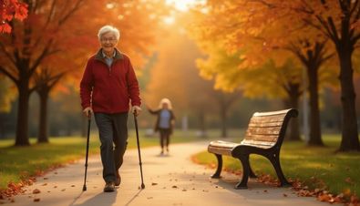 Älterer Mann mit Gehstöcken spaziert auf einem Herbstweg, umgeben von bunten Bäumen und einer Parkbank.