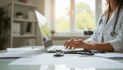 Ärztin arbeitet am Laptop, Stethoskop liegt auf dem Schreibtisch, helle und moderne Praxisumgebung.