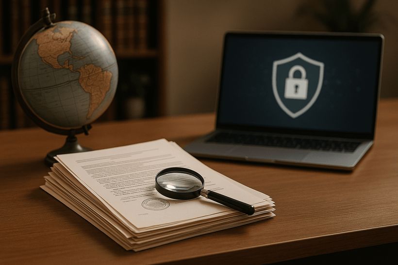 Moderner Schreibtisch mit legalen Dokumenten, Lupe, Globus und Laptop mit Sicherheitssymbol im Hintergrund.