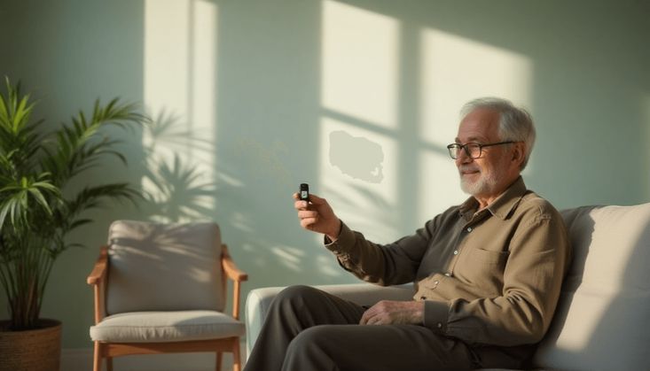 Älterer Mann sitzt auf einem Sofa in einem hellen Raum und hält einen Hausnotrufsender in der Hand, umgeben von Pflanzen.