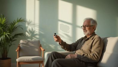 Älterer Mann sitzt auf einem Sofa in einem hellen Raum und hält einen Hausnotrufsender in der Hand, umgeben von Pflanzen.