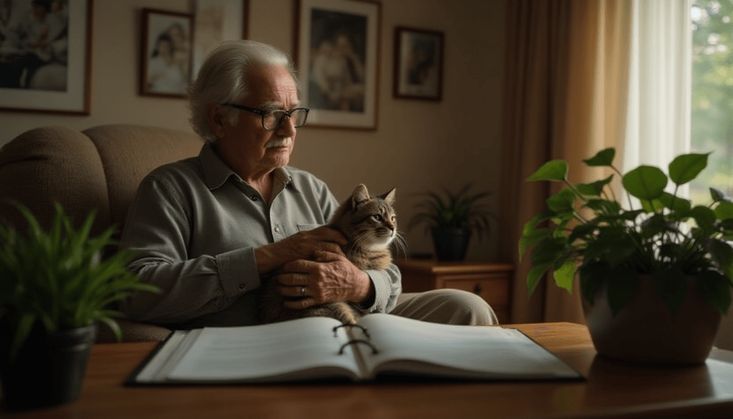 Älterer Mann sitzt in einem gemütlichen Raum, hält eine Katze im Arm, vor ihm ein aufgeschlagenes Buch auf dem Tisch.