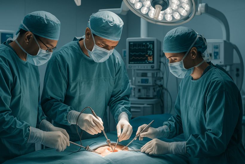 Chirurgen bei einer minimalinvasiven Herzoperation in einem modernen, sterilen OP mit Hightech-Medizintechnik.