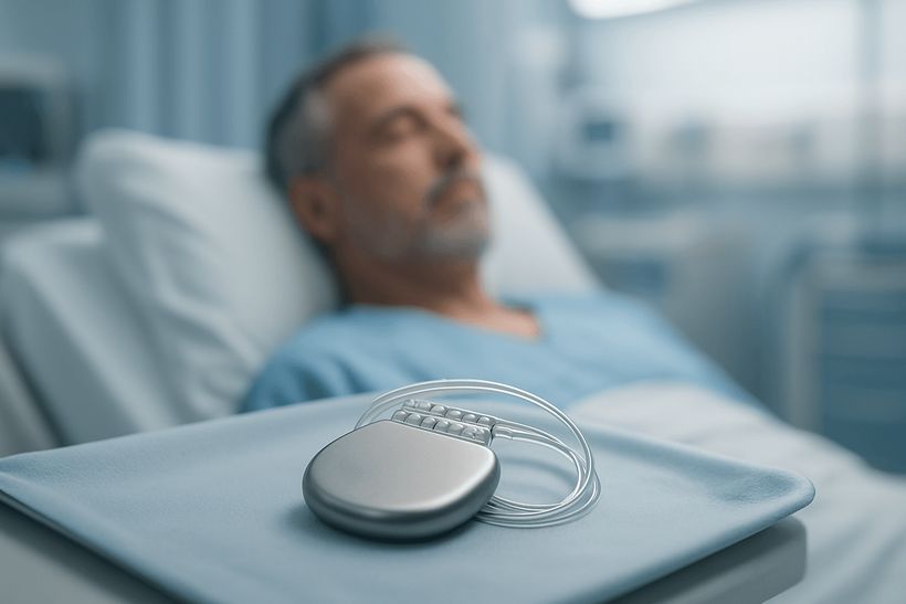 ICD-Gerät auf sterilem Tuch, im Hintergrund ein ruhender Patient in modernem Krankenhauszimmer.
