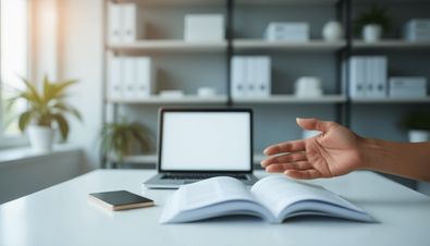 Aufgeräumter Schreibtisch mit Laptop, Buch, Smartphone und ausgestreckter Hand in modernem Büro.