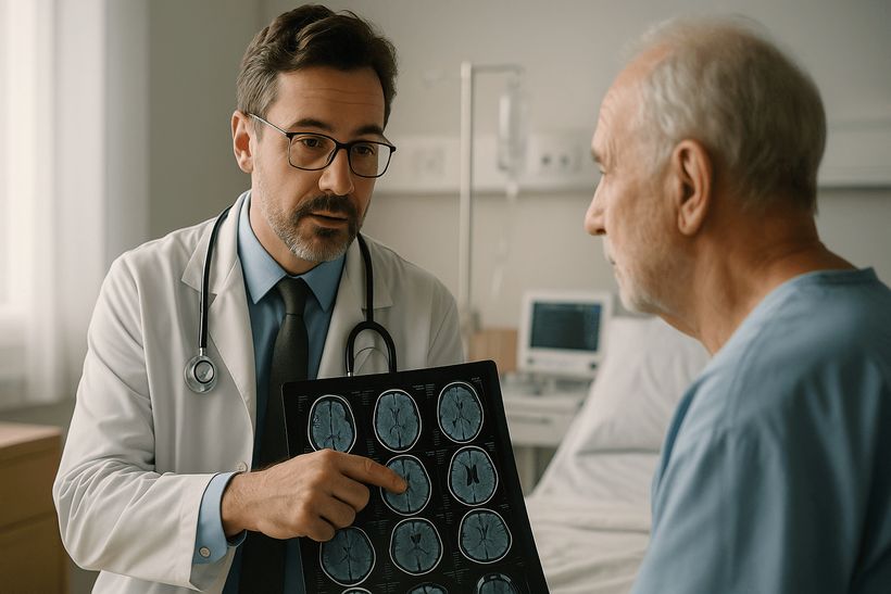 Arzt zeigt einem älteren Patienten im Krankenhaus ein MRT des Gehirns und erklärt einfühlsam die Ergebnisse.