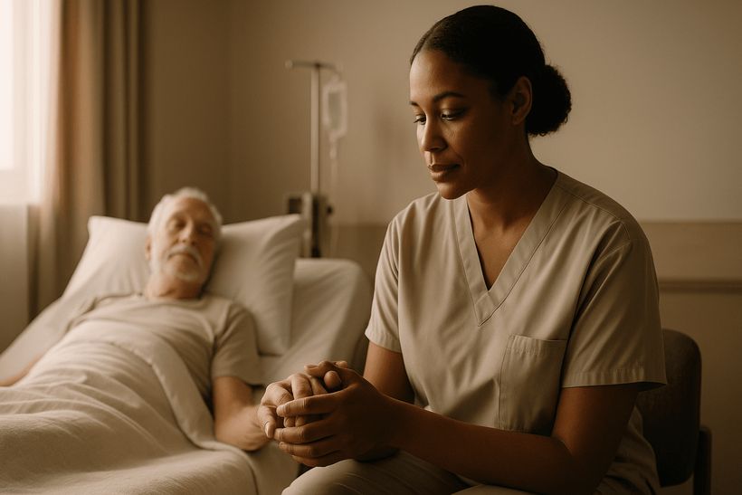 Pflegekraft hält einfühlsam die Hand eines Patienten in einem ruhigen, hellen Hospizzimmer.