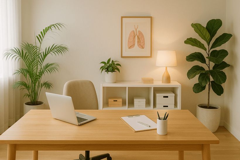 Serene Gesundheitsumgebung mit Naturmaterialien und Pflanzen, ideal für vertrauliche Gespräche zur Vorsorgeplanung.
