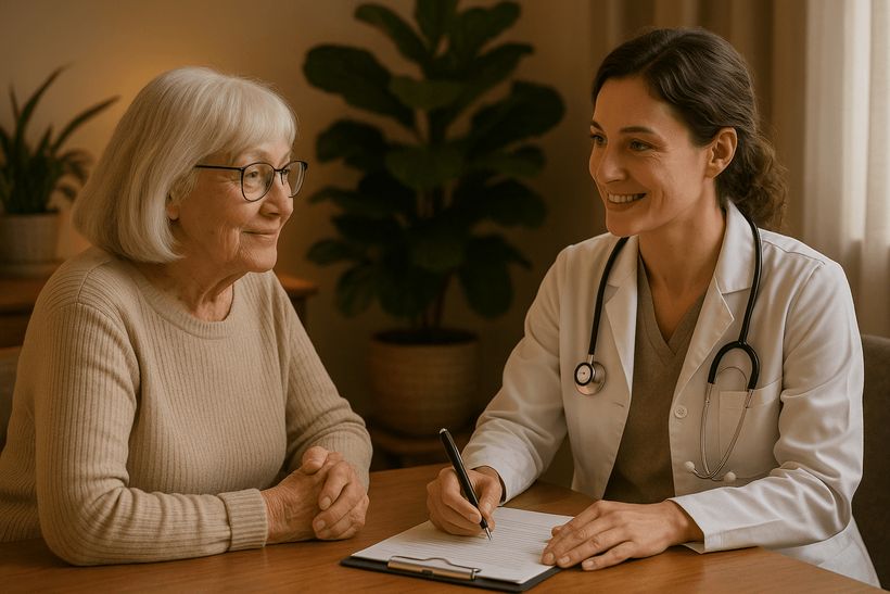 Seniorin im Beratungsgespräch mit Gesundheitsfachkraft in warmem, vertrauensvollem Praxisambiente