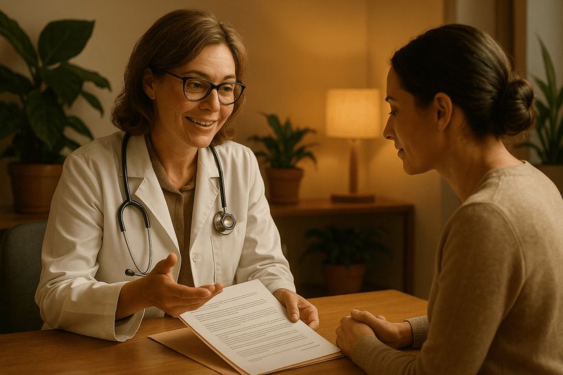 Arzt berät Patient vertrauensvoll am Schreibtisch, warme Bürobeleuchtung, Pflanzen schaffen Atmosphäre