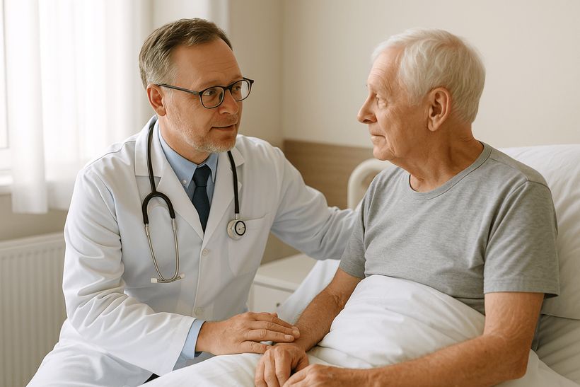 Arzt führt einfühlsames Beratungsgespräch mit Patient über Palliativbehandlung im Krankenzimmer