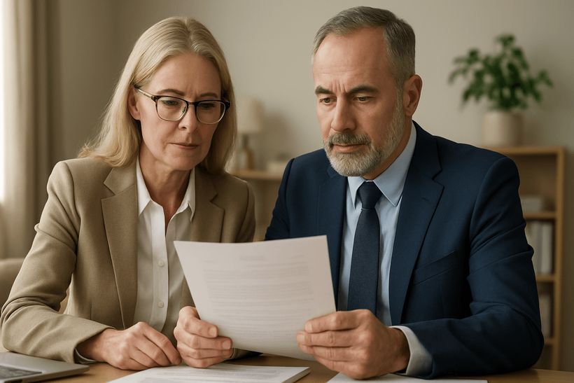 Mann und Frau mittleren Alters prüfen gemeinsam ein Dokument im hellen, ordentlichen Homeoffice.
