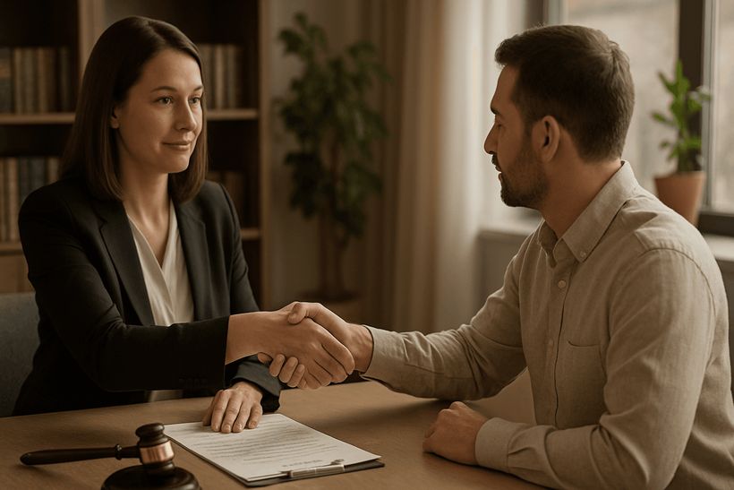 Zwei Personen geben sich in modernem Büro die Hand, im Hintergrund Bücherregal, Pflanzen und Tageslicht.