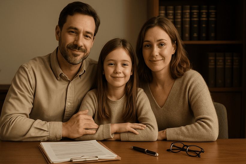 Familie sitzt entspannt am Schreibtisch mit Dokumenten, Brille und Stift vor Bücherregal in warmer, ruhiger Atmosphäre.