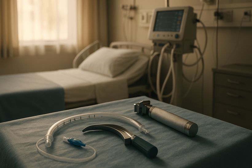 Intubationsset auf blauer Abdeckung in ruhigem Krankenhauszimmer mit weichem Licht und verschwommener Medizintechnik im Hintergrund.